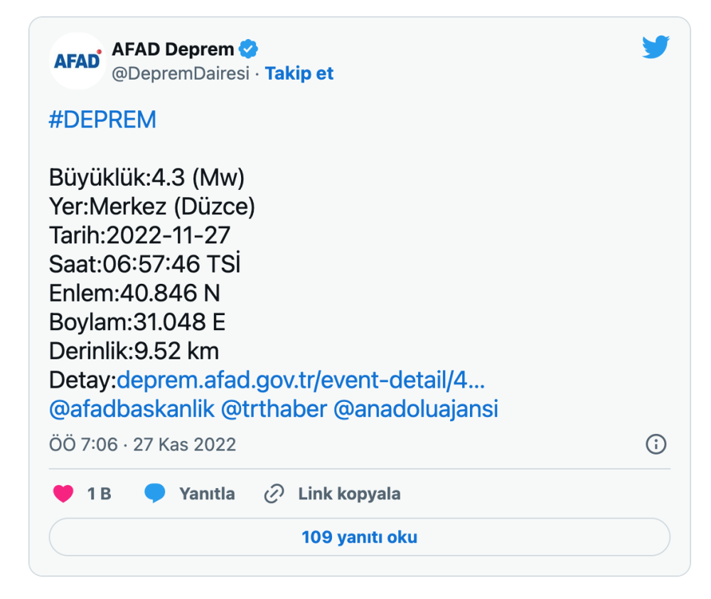 duzce de bir deprem daha